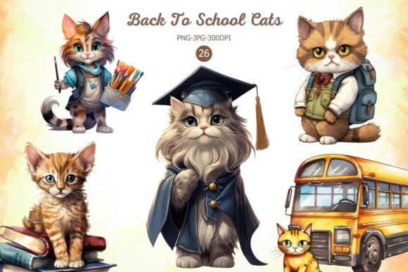 Watercolor Back to School Cats Clipart